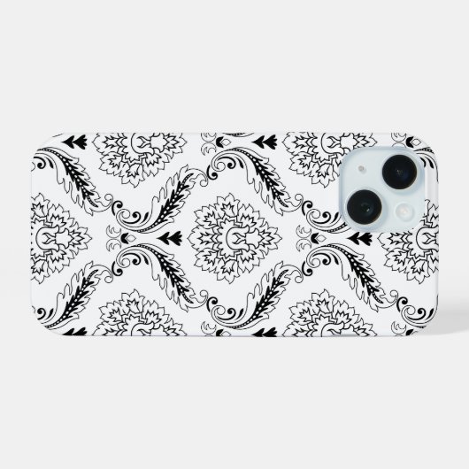 Rococo Damask Line Pattern Black on White iPhone 15 Case (Achterkant horizontaal)