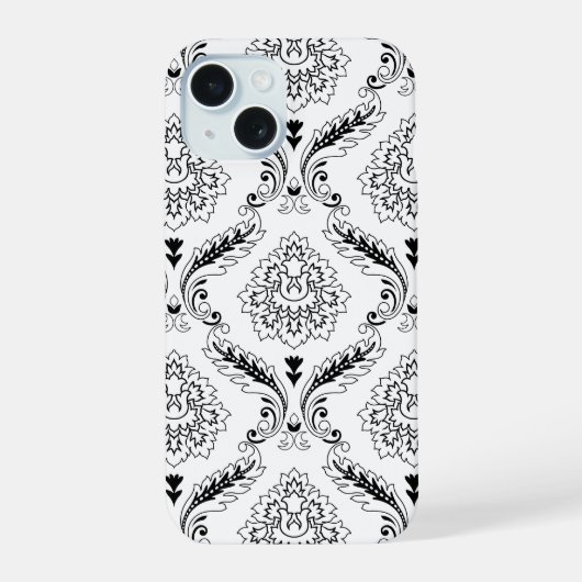 Rococo Damask Line Pattern Black on White iPhone 15 Case (Achterkant)