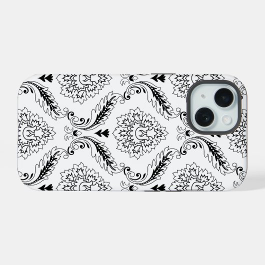 Rococo Damask Line Pattern Black on White iPhone 15 Case (Achterkant horizontaal)