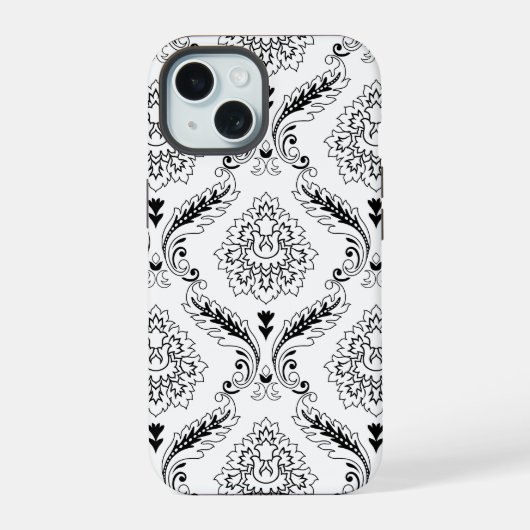 Rococo Damask Line Pattern Black on White iPhone 15 Case (Achterkant)