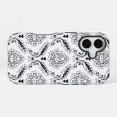 Rococo Damask Line Pattern Black on White iPhone 16 Hoesje (Achterkant horizontaal)