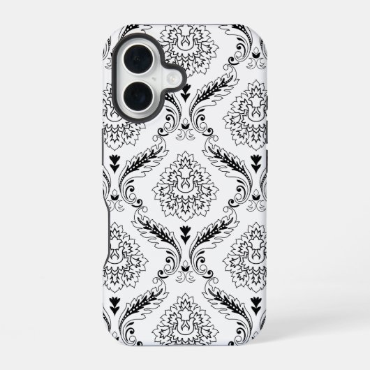 Rococo Damask Line Pattern Black on White iPhone 16 Hoesje (Achterkant)