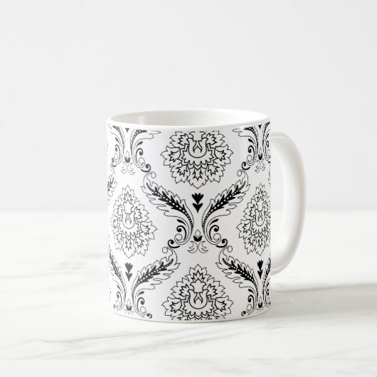 Rococo Damask Line Pattern Black on White Koffiemok (Voorkant rechts)