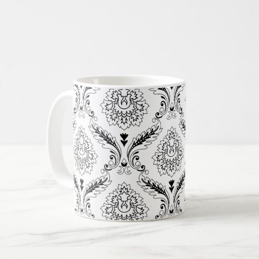 Rococo Damask Line Pattern Black on White Koffiemok (Voorkant links)