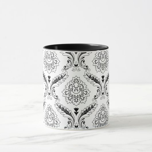 Rococo Damask Line Pattern Black on White Mok (Midden)