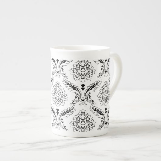Rococo Damask Line Pattern Black on White Porselein Kop (Voorkant rechts)