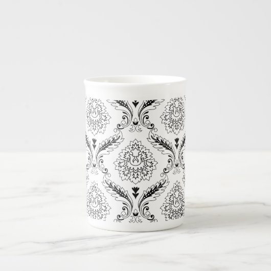 Rococo Damask Line Pattern Black on White Porselein Kop (Voorkant)