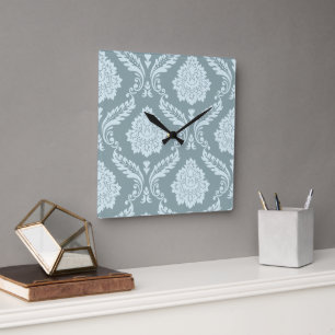 Rococo Damask Off-Set Patroon Eendenei Blauw+Turqu Vierkante Klok