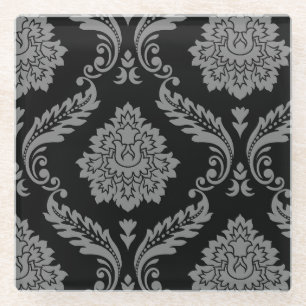 Rococo Damask Off-Set Patroon Grijs op Zwart Glazen Onderzetter