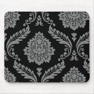 Rococo Damask Off-Set Patroon Grijs op Zwart Muismat