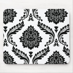 Rococo Damask Off-Set Patroon Zwart op Wit Muismat
