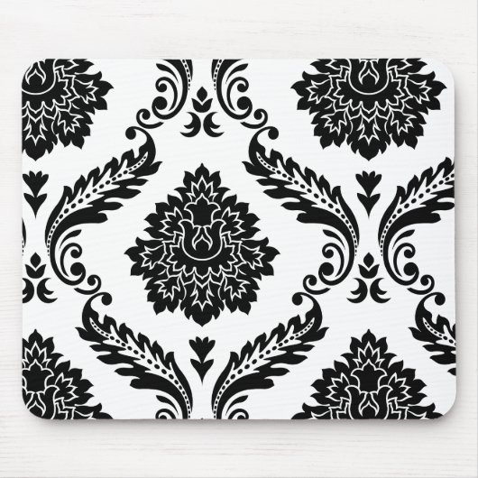 Rococo Damask Off-Set Patroon Zwart op Wit Muismat (Voorkant)