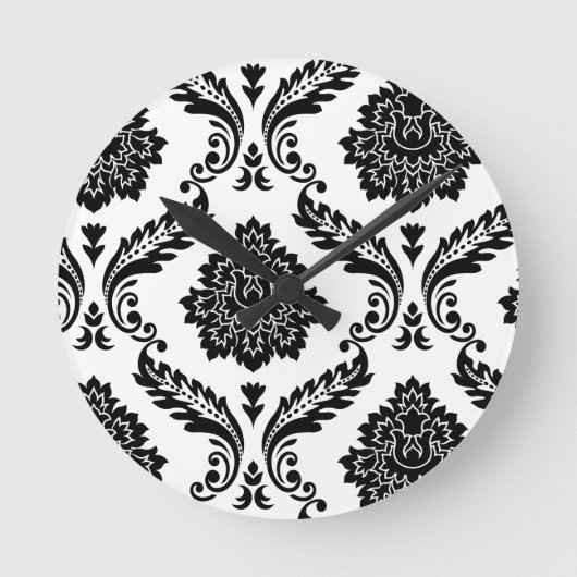 Rococo Damask Off-Set Pattern Black on White Ronde Klok (Voorkant)