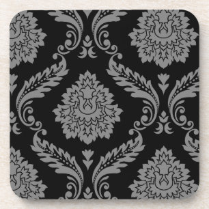 Rococo Damask Offset Patroon Grijs op Zwart Bier Onderzetter