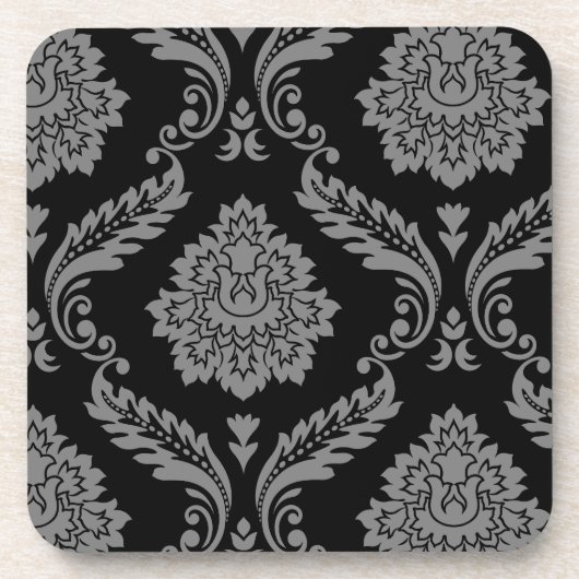 Rococo Damask Offset Patroon Grijs op Zwart Bier Onderzetter (Voorkant)