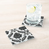 Rococo Damask Offset Patroon Zwart op Wit Glazen Onderzetter (Schuin)