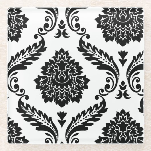 Rococo Damask Offset Patroon Zwart op Wit Glazen Onderzetter (Voorkant)