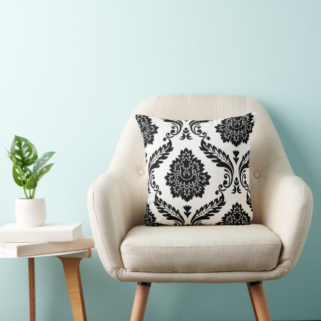 Rococo Damask Offset Patroon Zwart op Wit Kussen (Stoel)