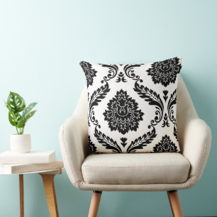 Rococo Damask Offset Patroon Zwart op Wit Kussen