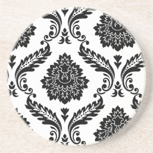 Rococo Damask Offset Patroon Zwart op Wit Zandsteen Onderzetter