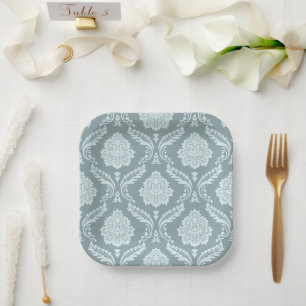 Rococo Damask Patroon Eendenei Blauw+Teal Papier P Papieren Bordje