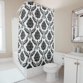 Rococo Damask Pattern Black on White Douchegordijn (In situ)
