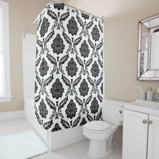 Rococo Damask Pattern Black on White Douchegordijn (In situ)