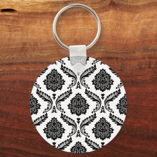Rococo Damask Pattern Black on White Sleutelhanger (Voorkant)