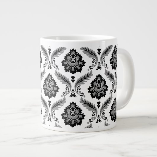 Rococo Damask Pattern Grey Black White Grote Koffiekop (Voorkant rechts)