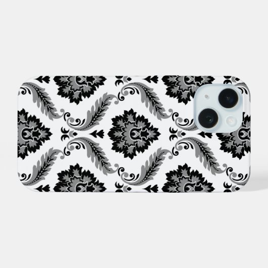 Rococo Damask Pattern Grey Black White iPhone 15 Case (Achterkant horizontaal)