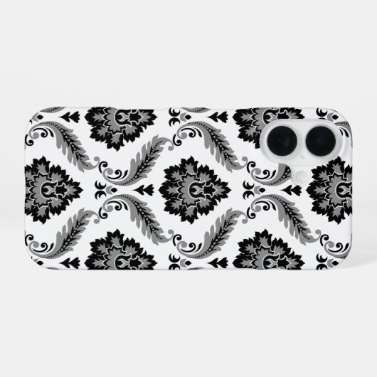 Rococo Damask Pattern Grey Black White iPhone 16 Hoesje (Achterkant horizontaal)