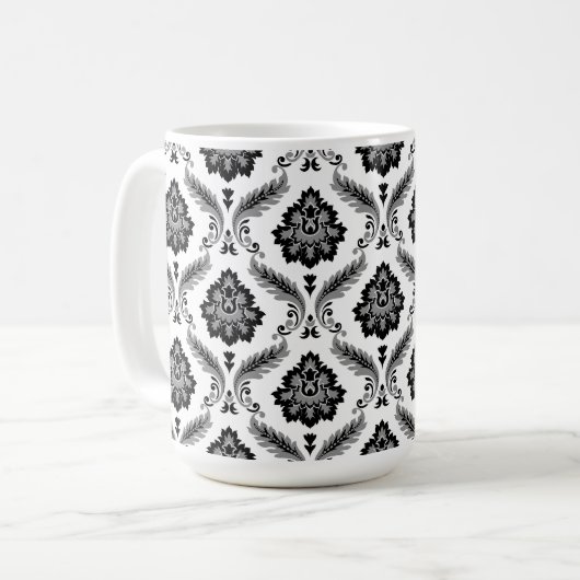 Rococo Damask Pattern Grey Black White Koffiemok (Voorkant links)