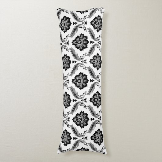 Rococo Damask Pattern Grey Black White Lichaamskussen (Voorkant Verticaal)