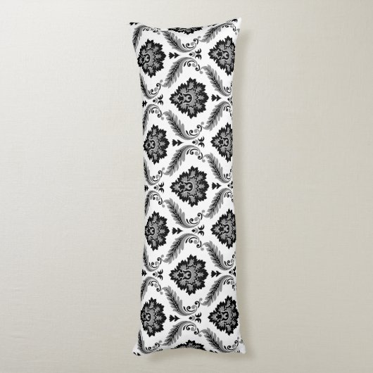 Rococo Damask Pattern Grey Black White Lichaamskussen (Achterkant (Verticaal))