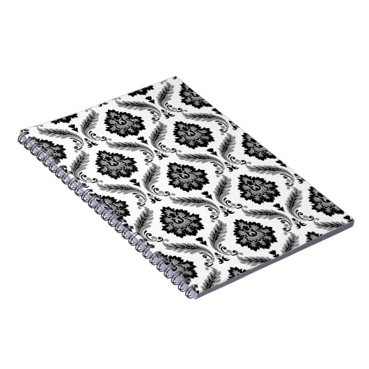 Rococo Damask Pattern Grey Black White Notitieboek (Rechterzijde)