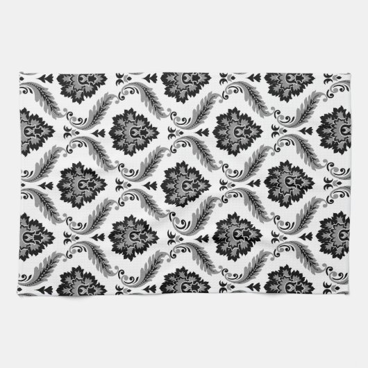 Rococo Damask Pattern Grey Black White Theedoek (Horizontaal)