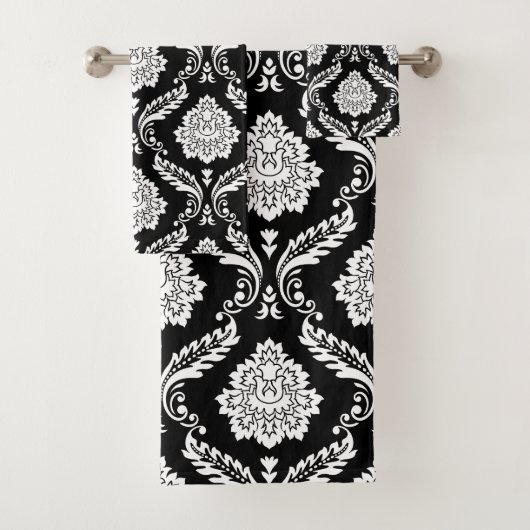 Rococo Damast Gemengd Patroon Wit op Zwart Bad Handdoek (Insitu)
