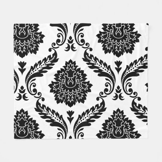 Rococo Damast Groot Offsetpatroon Zwart op Wit Fleece Deken (Voorkant (Horizontaal))
