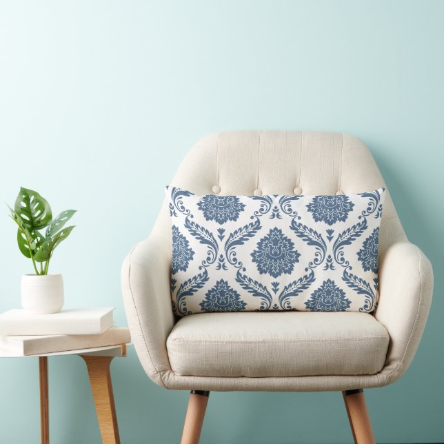 Rococo Damast Groot Patroon Blauw op Wit Kussen (Stoel)