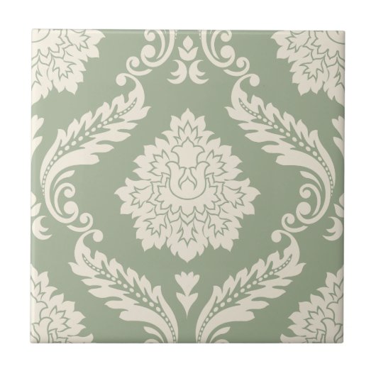 Rococo Damast Groot Patroon Crème op Groen Tegeltje (Voorkant)