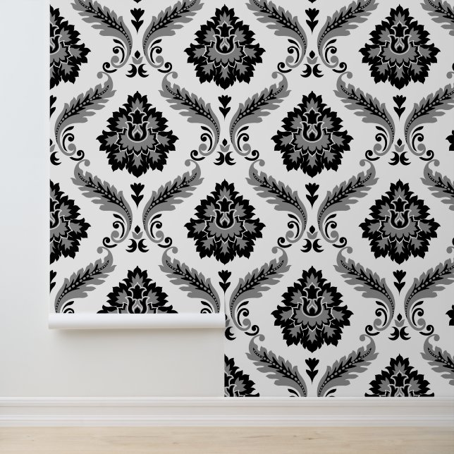 Rococo Damast Groot Patroon Grijs Zwart Wit Behang (Applicatie)