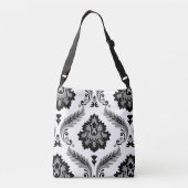 Rococo Damast Groot Patroon Grijs Zwart Wit Crossbody Tas (Achterkant)