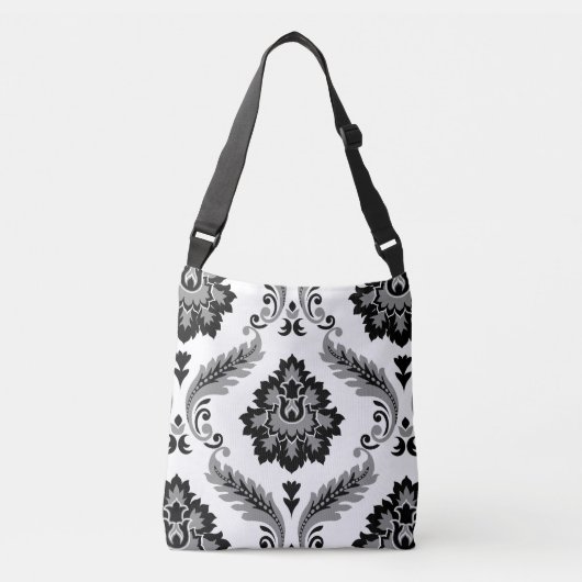Rococo Damast Groot Patroon Grijs Zwart Wit Crossbody Tas (Voorkant)
