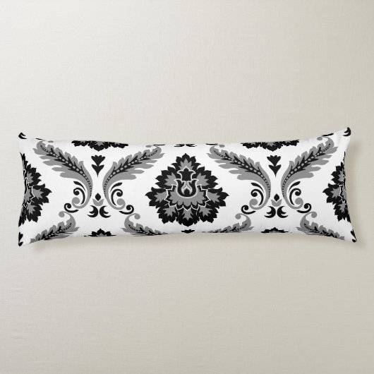 Rococo Damast Groot Patroon Grijs Zwart Wit Lichaamskussen (Achterkant)