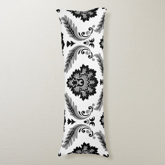 Rococo Damast Groot Patroon Grijs Zwart Wit Lichaamskussen (Voorkant Verticaal)