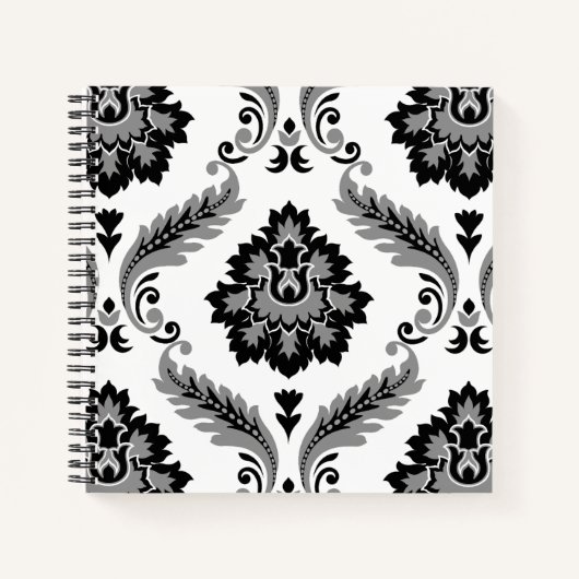 Rococo Damast Groot Patroon Grijs Zwart Wit Notitieboek (Voorkant)