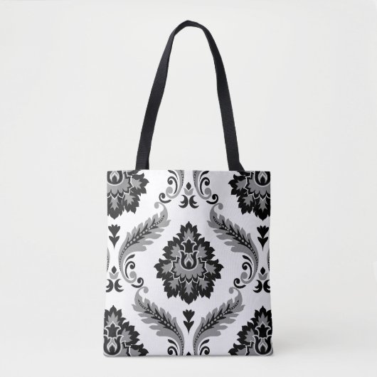 Rococo Damast Groot Patroon Grijs Zwart Wit Tote Bag (Voorkant)