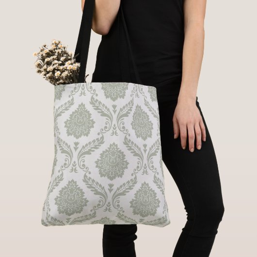 Rococo Damast Groot Patroon Groen op Crème Tote Bag (Dichtbij)