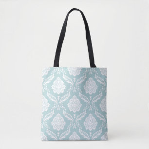 Rococo Damast Groot Patroon Wit op Eendenei Blauw Tote Bag