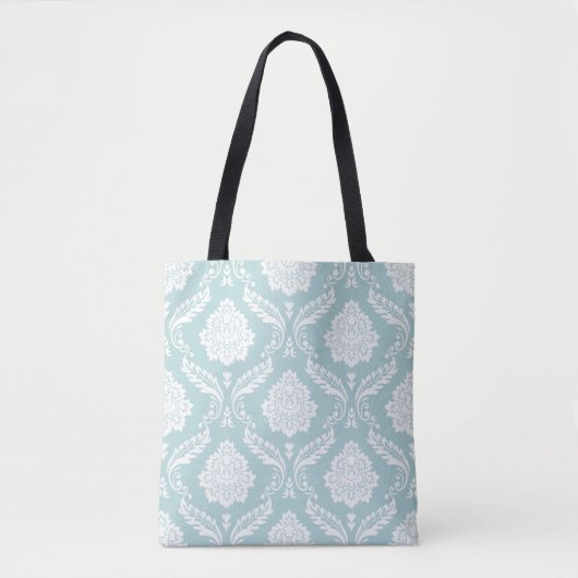 Rococo Damast Groot Patroon Wit op Eendenei Blauw Tote Bag (Voorkant)